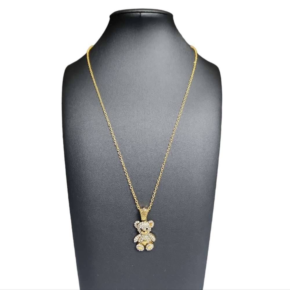 Bear Pendant Yellow Gold Tone Necklace Rhinestone